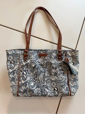 Sakroots Navy and White Floral Canvas Tote with Brown Straps
